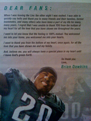 Brian Dawkins Thank You Full Page in Philadelphia Daily News